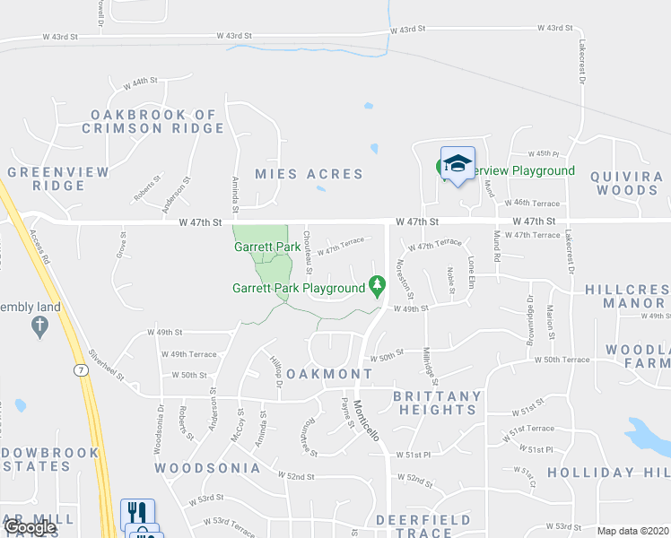 map of restaurants, bars, coffee shops, grocery stores, and more near 4731 Roundtree Street in Shawnee