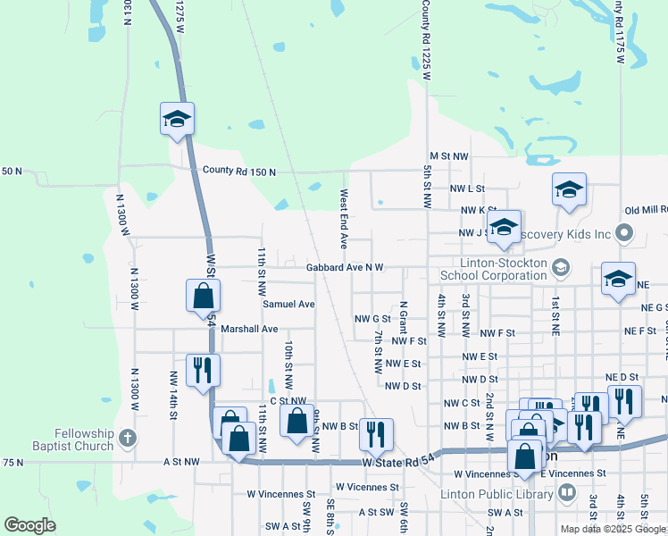 map of restaurants, bars, coffee shops, grocery stores, and more near Gabbard Avenue North West in Linton