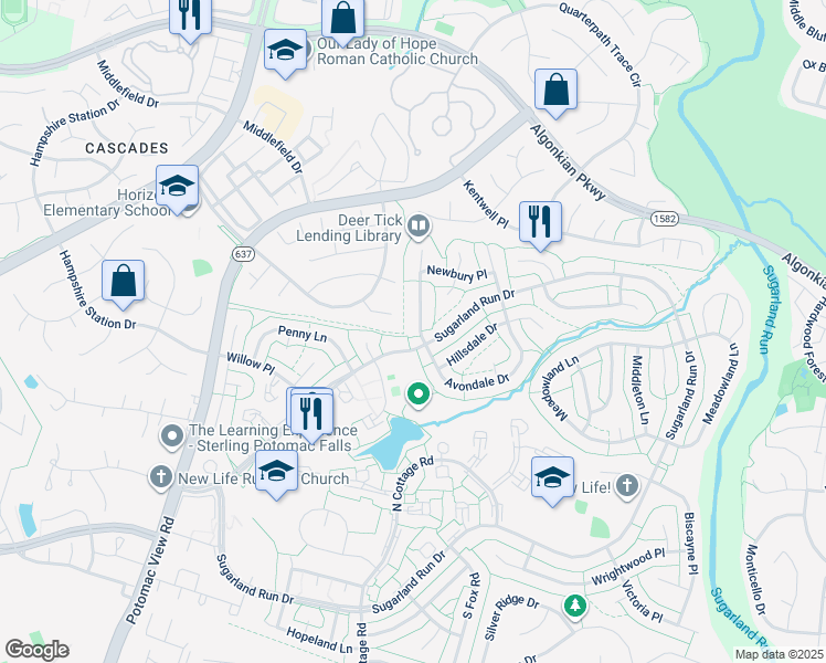 map of restaurants, bars, coffee shops, grocery stores, and more near 136 Avondale Drive in Sterling