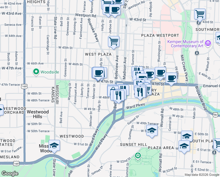 map of restaurants, bars, coffee shops, grocery stores, and more near 4700 Belleview Avenue in Kansas City