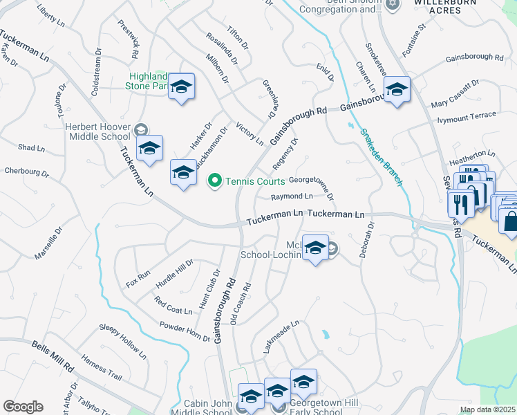 map of restaurants, bars, coffee shops, grocery stores, and more near 11503 Regency Drive in Rockville