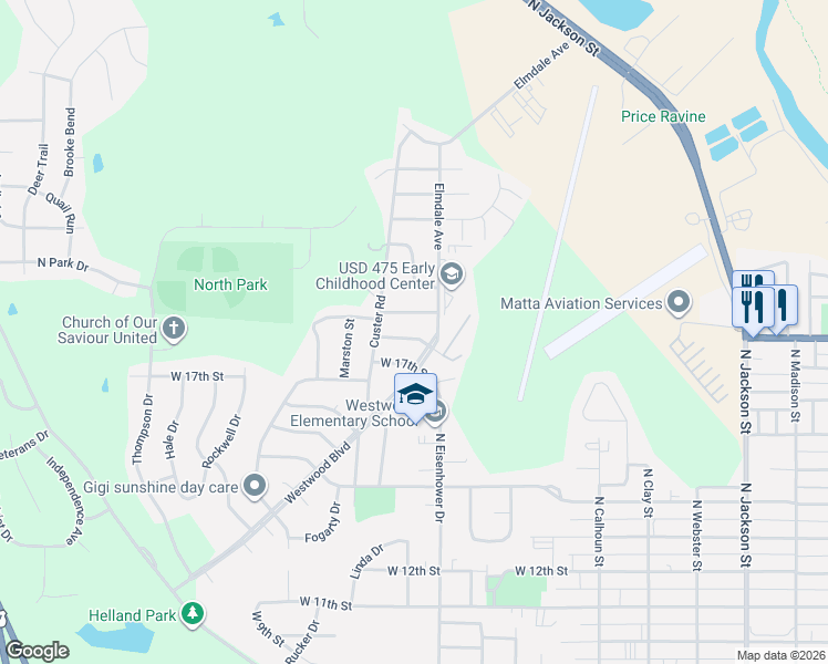 map of restaurants, bars, coffee shops, grocery stores, and more near 1216 Downtain Street in Junction City