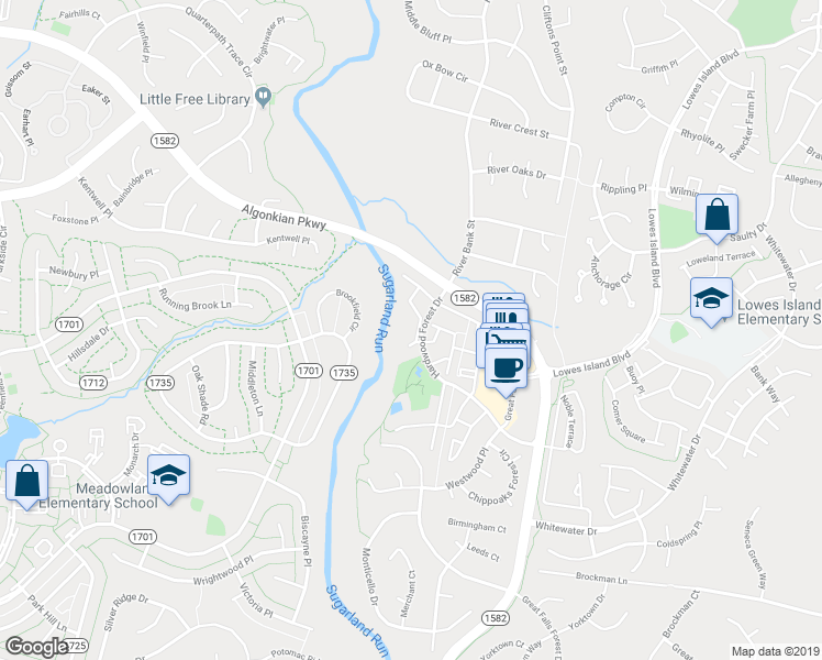 map of restaurants, bars, coffee shops, grocery stores, and more near 20717 Waterfall Branch Terrace in Sterling