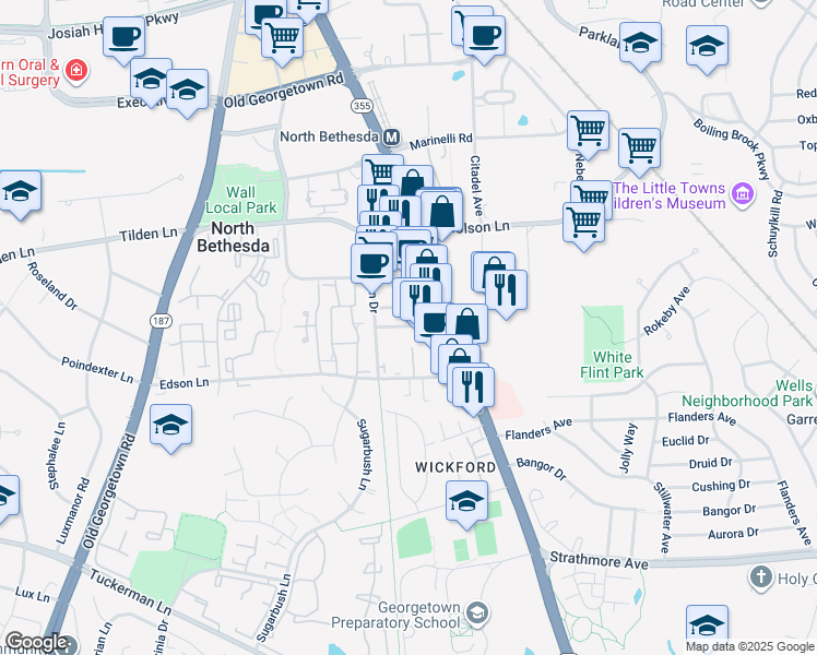 map of restaurants, bars, coffee shops, grocery stores, and more near 5515 Security Lane in North Bethesda