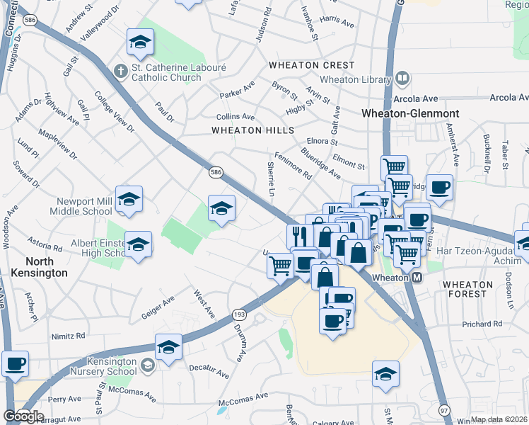 map of restaurants, bars, coffee shops, grocery stores, and more near 11308 Veirs Mill Service Road in Silver Spring