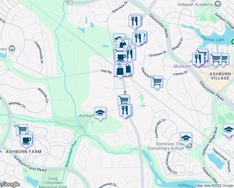 map of restaurants, bars, coffee shops, grocery stores, and more near 20724 Ashburn Station Place in Ashburn