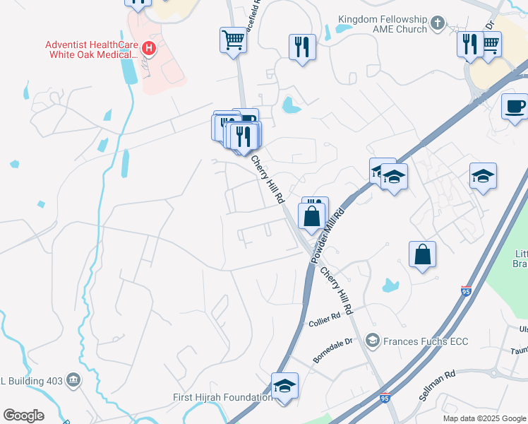 map of restaurants, bars, coffee shops, grocery stores, and more near 11318 Cherry Hill Road in Beltsville