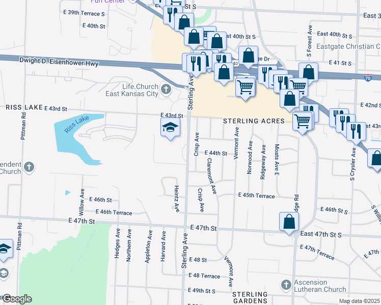 map of restaurants, bars, coffee shops, grocery stores, and more near 4403 Sterling Avenue in Kansas City
