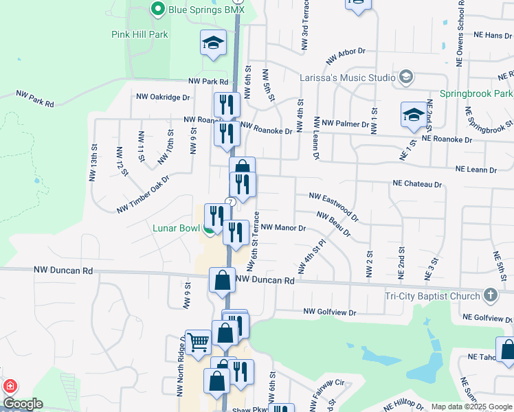 map of restaurants, bars, coffee shops, grocery stores, and more near 516 Northwest Brad Circle in Blue Springs