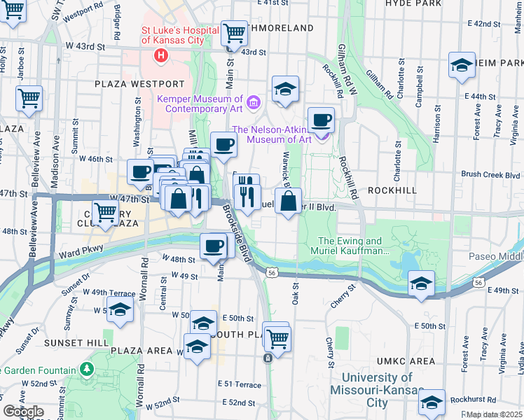 map of restaurants, bars, coffee shops, grocery stores, and more near 232 Emanuel Cleaver II Boulevard in Kansas City