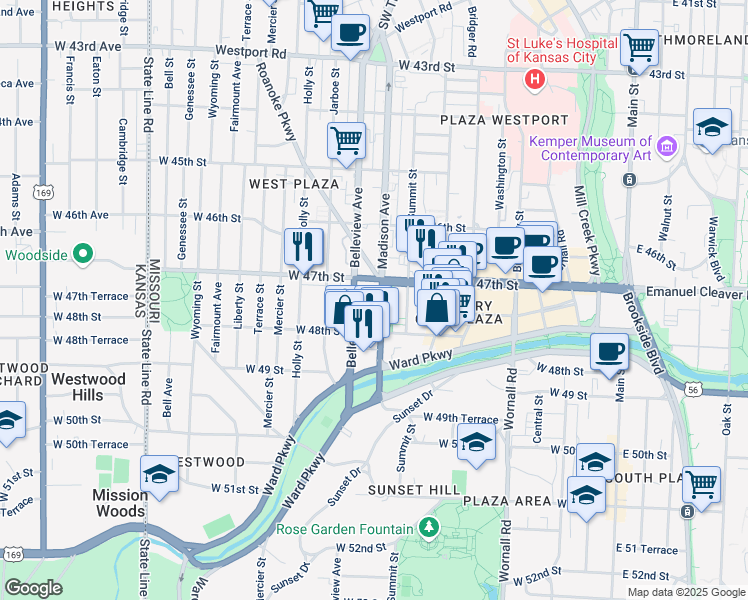 map of restaurants, bars, coffee shops, grocery stores, and more near in Kansas City