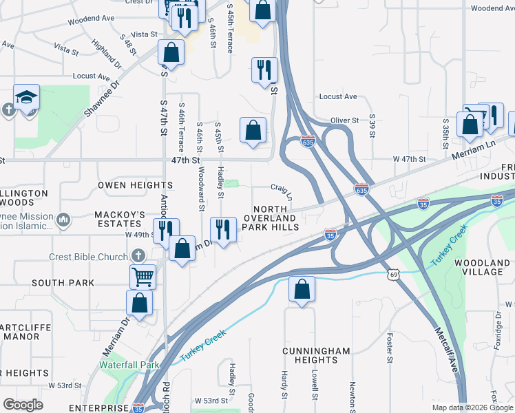 map of restaurants, bars, coffee shops, grocery stores, and more near 4330 Merriam Drive in Shawnee