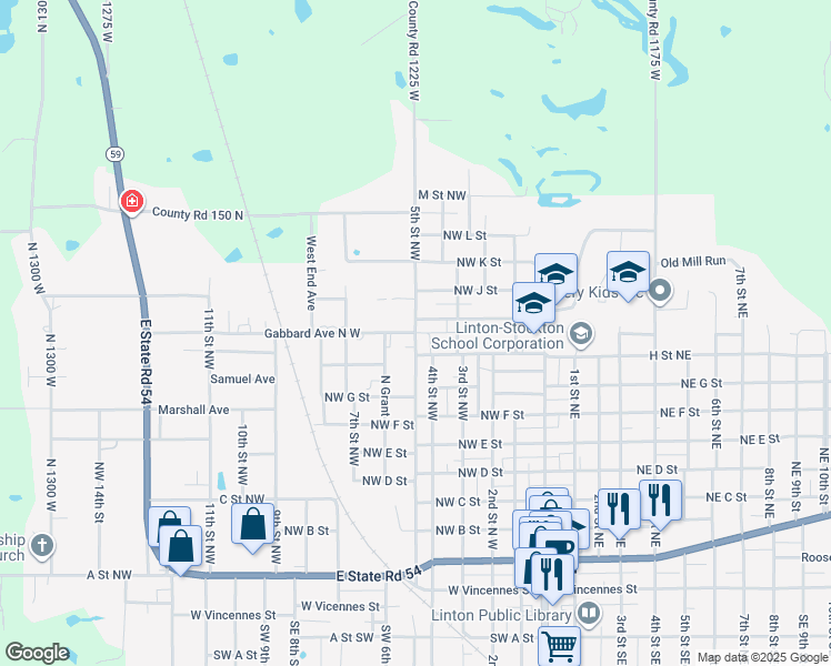 map of restaurants, bars, coffee shops, grocery stores, and more near 901 5th Street Northwest in Linton