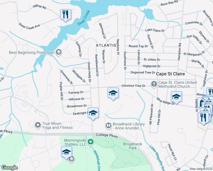 map of restaurants, bars, coffee shops, grocery stores, and more near 810 Chestnut Tree Drive in Annapolis