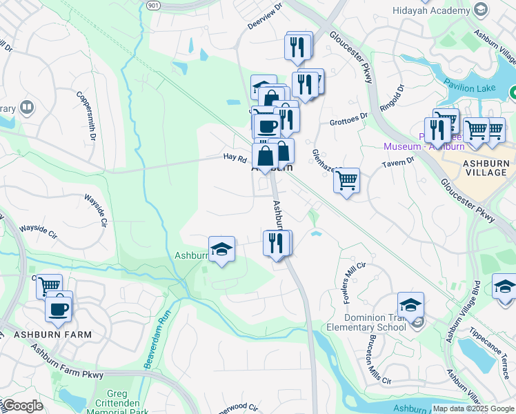 map of restaurants, bars, coffee shops, grocery stores, and more near 20724 Ashburn Station Place in Ashburn