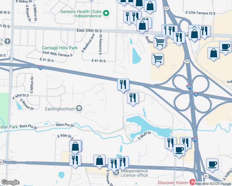 map of restaurants, bars, coffee shops, grocery stores, and more near 4300 Bass Pro Drive in Independence