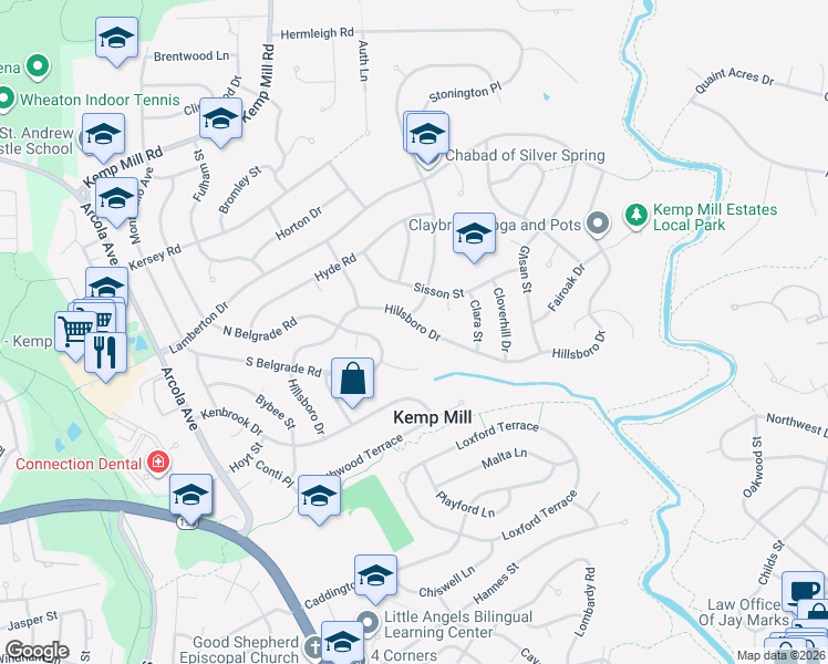 map of restaurants, bars, coffee shops, grocery stores, and more near 510 Hillsboro Drive in Silver Spring