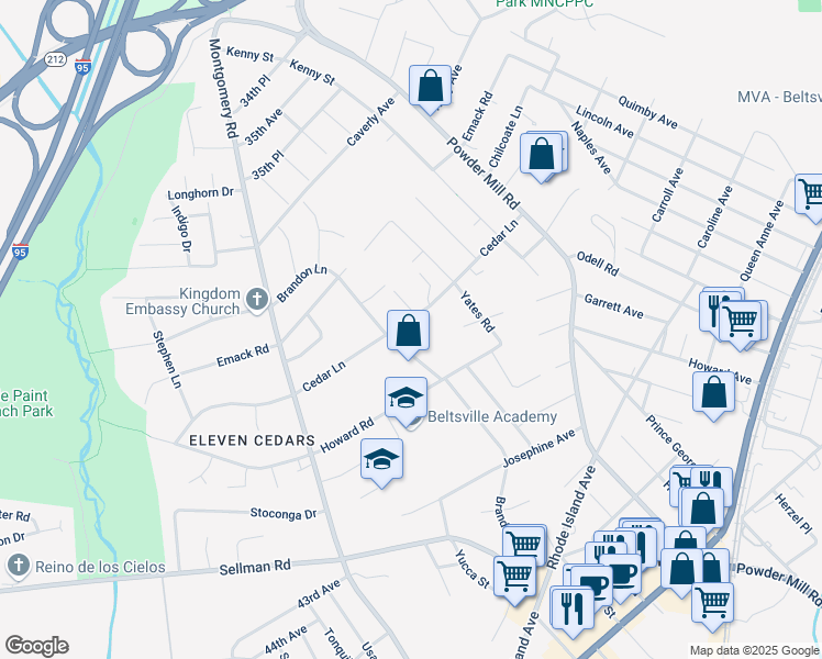 map of restaurants, bars, coffee shops, grocery stores, and more near 11405 Cedar Lane in Beltsville