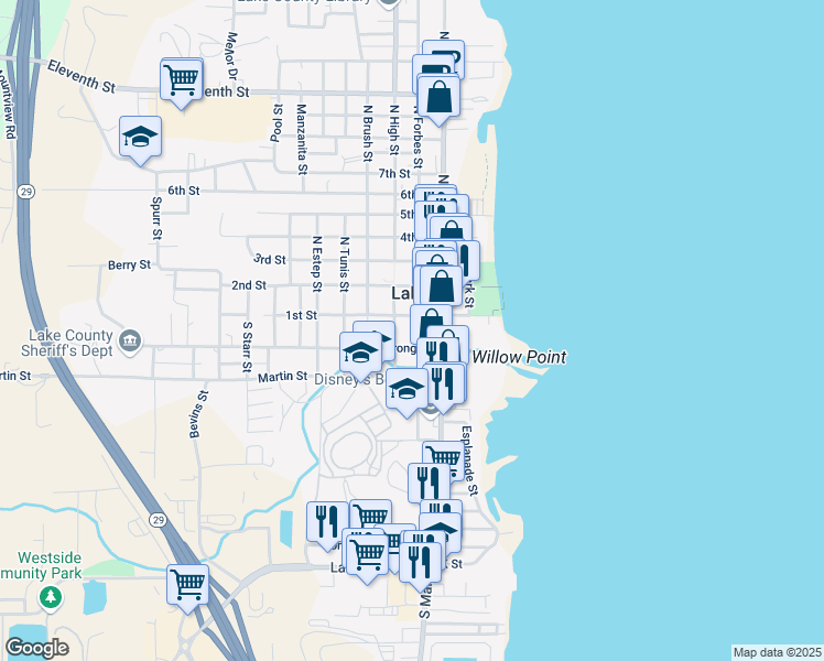 map of restaurants, bars, coffee shops, grocery stores, and more near 175 1st Street in Lakeport