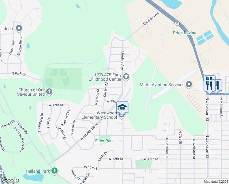 map of restaurants, bars, coffee shops, grocery stores, and more near 1216 Downtain Street in Junction City