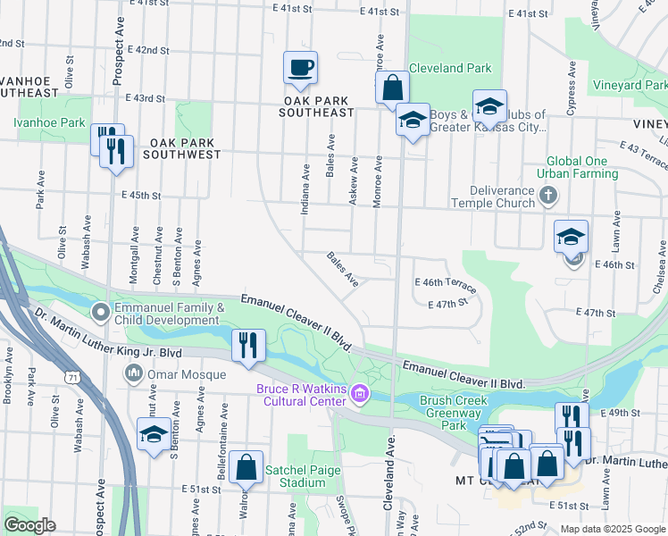 map of restaurants, bars, coffee shops, grocery stores, and more near 4612 Bales Avenue in Kansas City