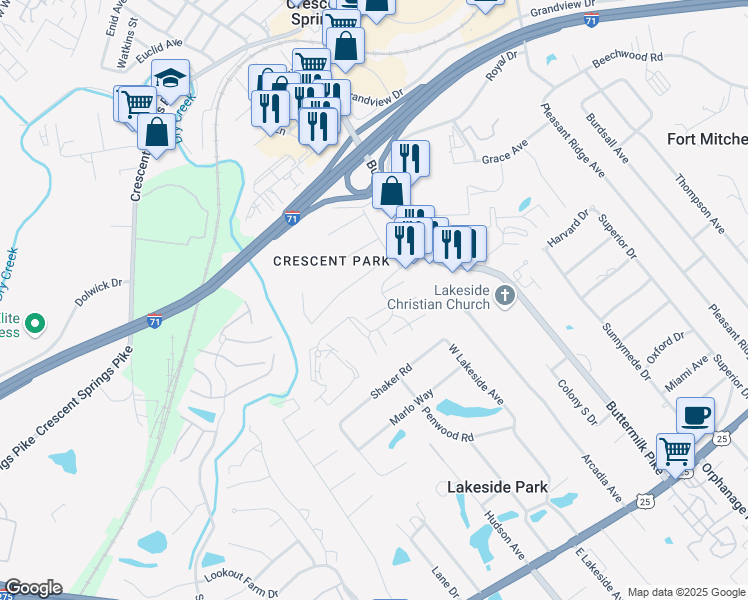 map of restaurants, bars, coffee shops, grocery stores, and more near 2530 Chelsea Lane in Crescent Springs