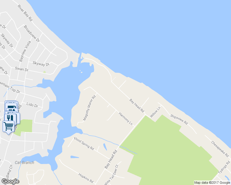 map of restaurants, bars, coffee shops, grocery stores, and more near 1406 Bay Head Road in Annapolis