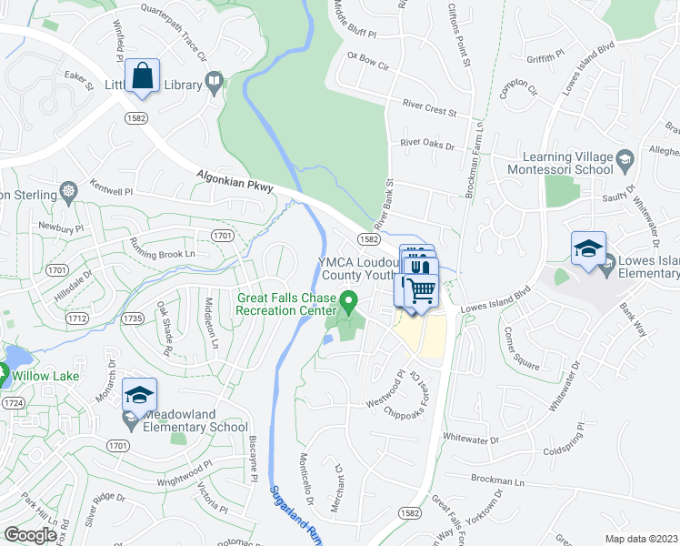 map of restaurants, bars, coffee shops, grocery stores, and more near 20715 Waterfall Branch Terrace in Sterling