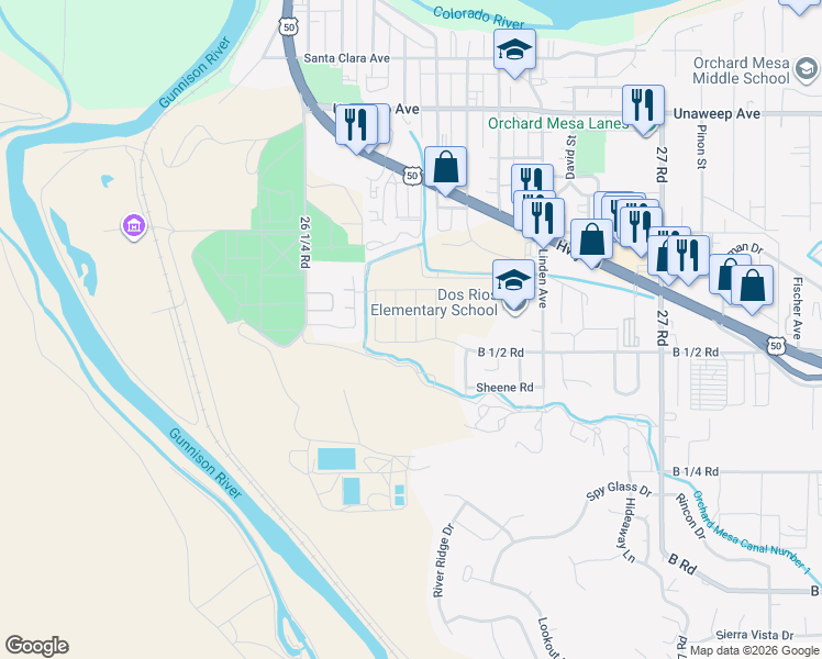 map of restaurants, bars, coffee shops, grocery stores, and more near 266 Gettysburg Street in Grand Junction
