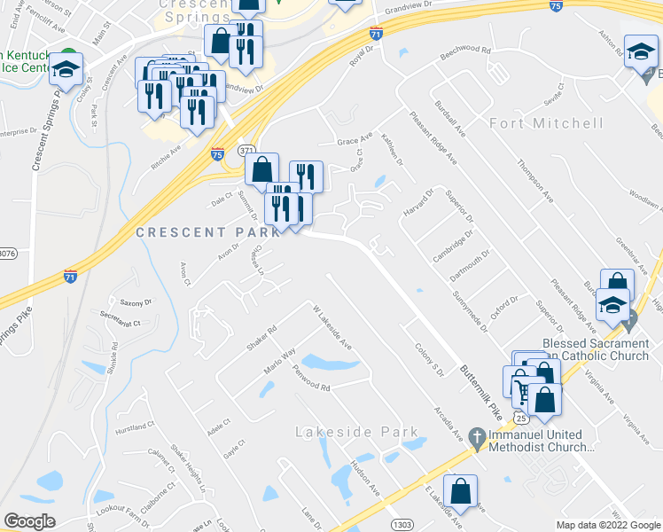 map of restaurants, bars, coffee shops, grocery stores, and more near 104 Arcadia Avenue in Lakeside Park