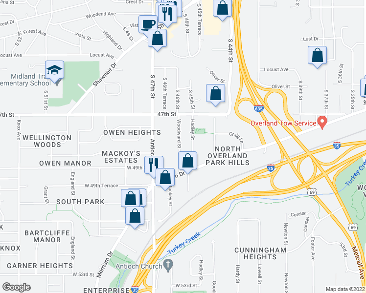 map of restaurants, bars, coffee shops, grocery stores, and more near 4809 Woodward Street in Shawnee