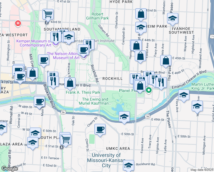 map of restaurants, bars, coffee shops, grocery stores, and more near 712 Emanuel Cleaver II Boulevard in Kansas City