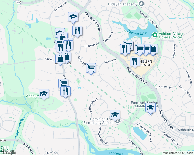map of restaurants, bars, coffee shops, grocery stores, and more near 43895 Stronghold Court in Ashburn