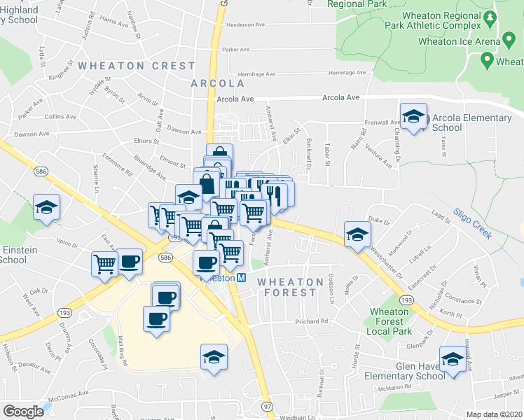 map of restaurants, bars, coffee shops, grocery stores, and more near 2227 University Boulevard West in Wheaton-Glenmont