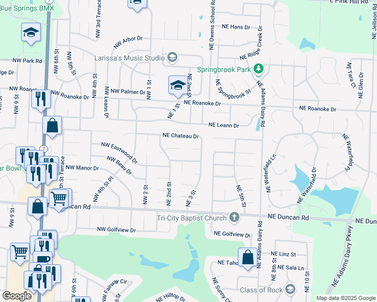 map of restaurants, bars, coffee shops, grocery stores, and more near 244 Northeast Brooklyn Court in Blue Springs
