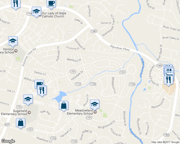 map of restaurants, bars, coffee shops, grocery stores, and more near 215 Hillsdale Drive in Sterling