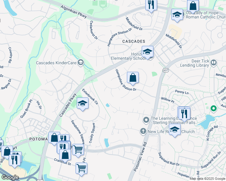map of restaurants, bars, coffee shops, grocery stores, and more near 46469 Montgomery Place in Sterling