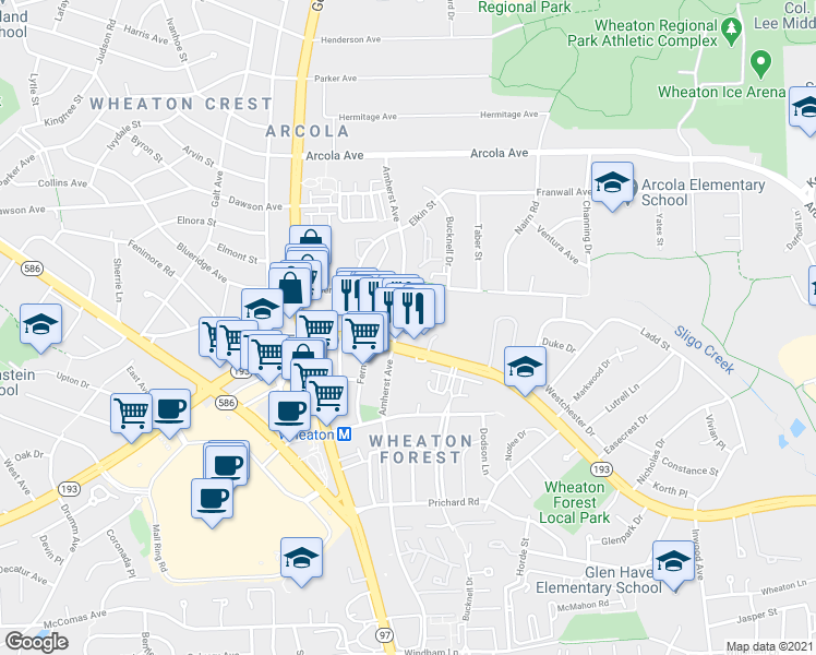 map of restaurants, bars, coffee shops, grocery stores, and more near 11411 Amherst Avenue in Silver Spring