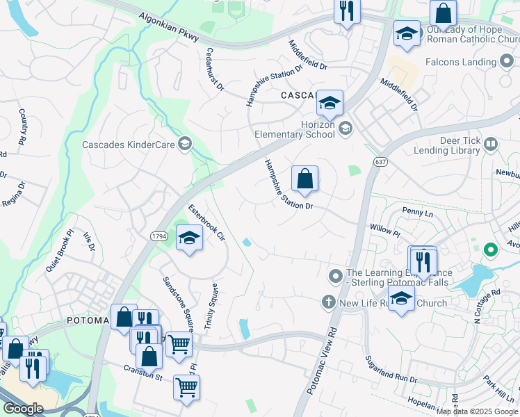 map of restaurants, bars, coffee shops, grocery stores, and more near 46469 Montgomery Place in Sterling