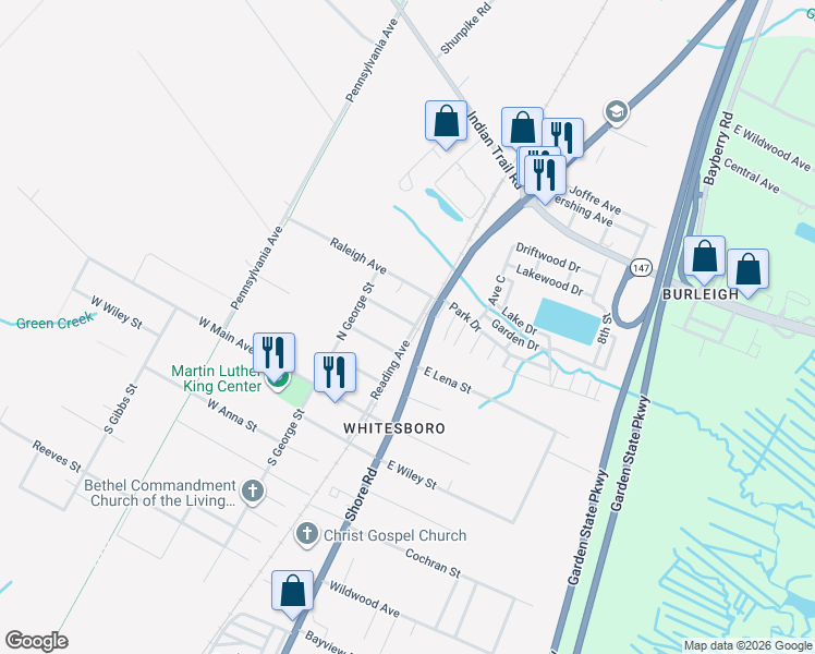 map of restaurants, bars, coffee shops, grocery stores, and more near 103 Columbia Avenue in Middle Township