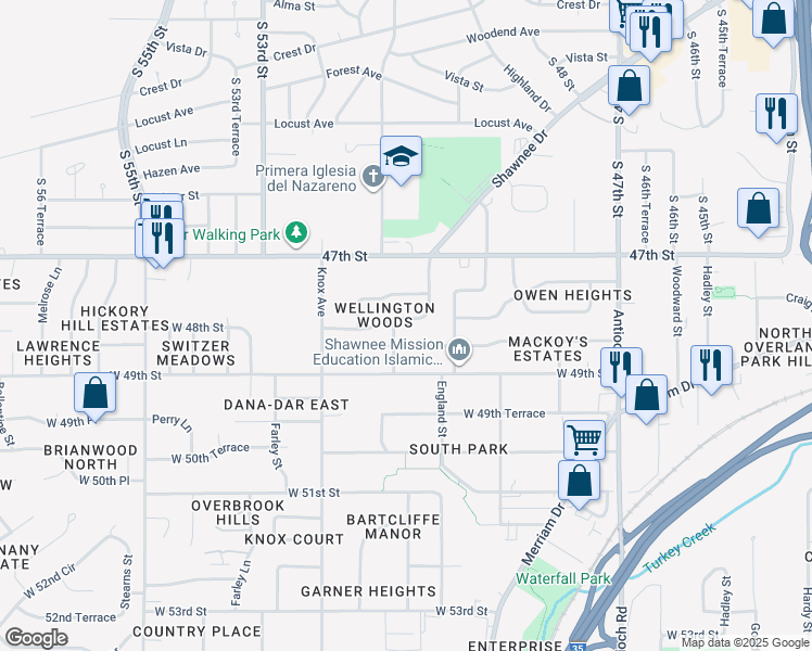 map of restaurants, bars, coffee shops, grocery stores, and more near 9407 West 48th Street in Shawnee
