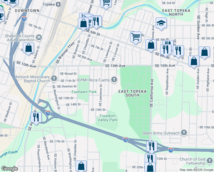 map of restaurants, bars, coffee shops, grocery stores, and more near 1108 SE Lawrence St in Topeka