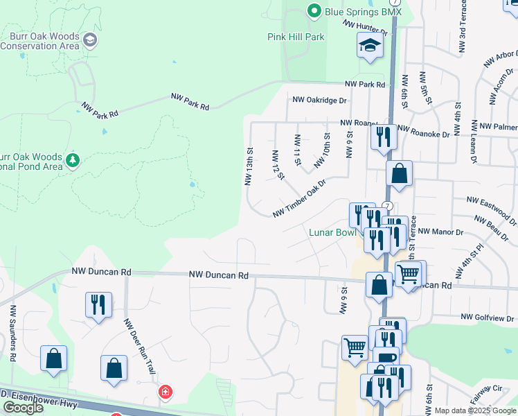 map of restaurants, bars, coffee shops, grocery stores, and more near 2100 Northwest Hines Court in Blue Springs