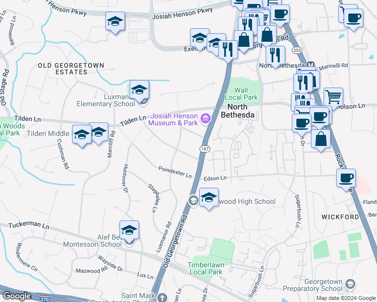 map of restaurants, bars, coffee shops, grocery stores, and more near 6009 Roseland Drive in Rockville