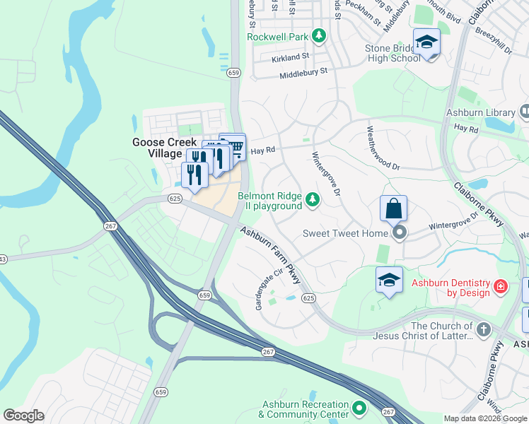 map of restaurants, bars, coffee shops, grocery stores, and more near 20777 Cross Timber Drive in Ashburn