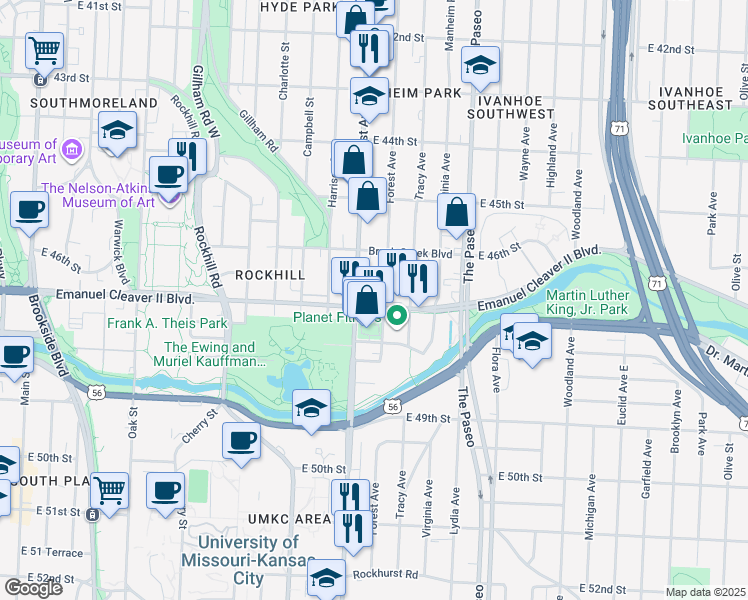 map of restaurants, bars, coffee shops, grocery stores, and more near 1110 Emanuel Cleaver II Boulevard in Kansas City