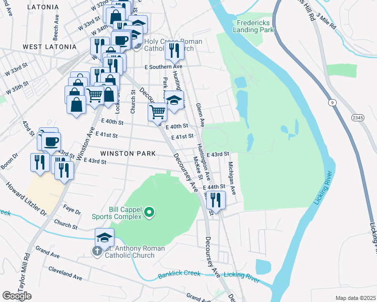 map of restaurants, bars, coffee shops, grocery stores, and more near 319 East 42nd Street in Covington