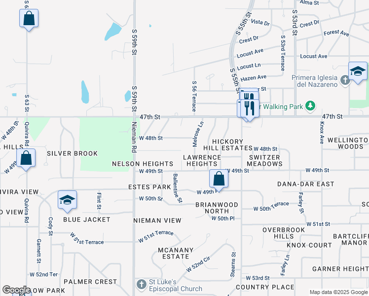 map of restaurants, bars, coffee shops, grocery stores, and more near 10508 West 48th Terrace in Shawnee