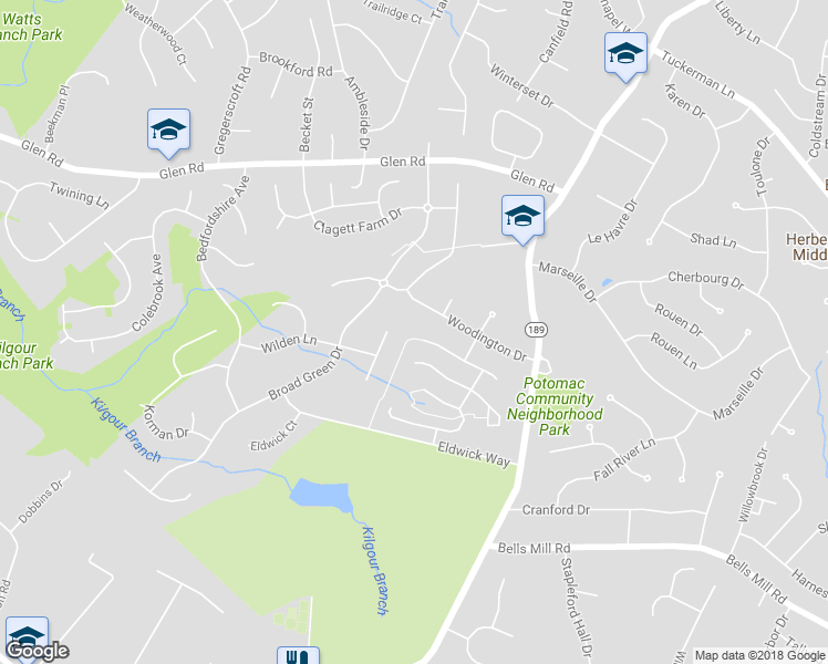 map of restaurants, bars, coffee shops, grocery stores, and more near 9451 Sunnyfield Court in Potomac