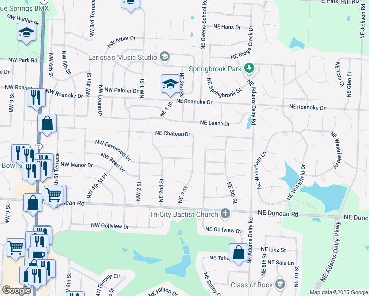 map of restaurants, bars, coffee shops, grocery stores, and more near 244 Northeast Brooklyn Court in Blue Springs